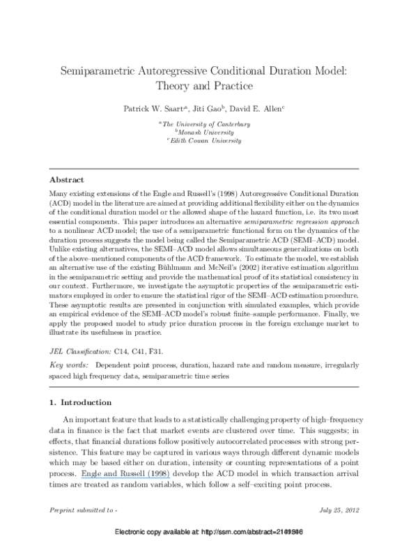 (PDF) Semiparametric Autoregressive Conditional Duration Model: Theory ...