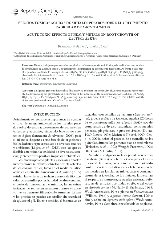 (PDF) ACUTE TOXIC EFFECTS OF HEAVY METALS ON ROOT GROWTH OF LACTUCA SATIVA