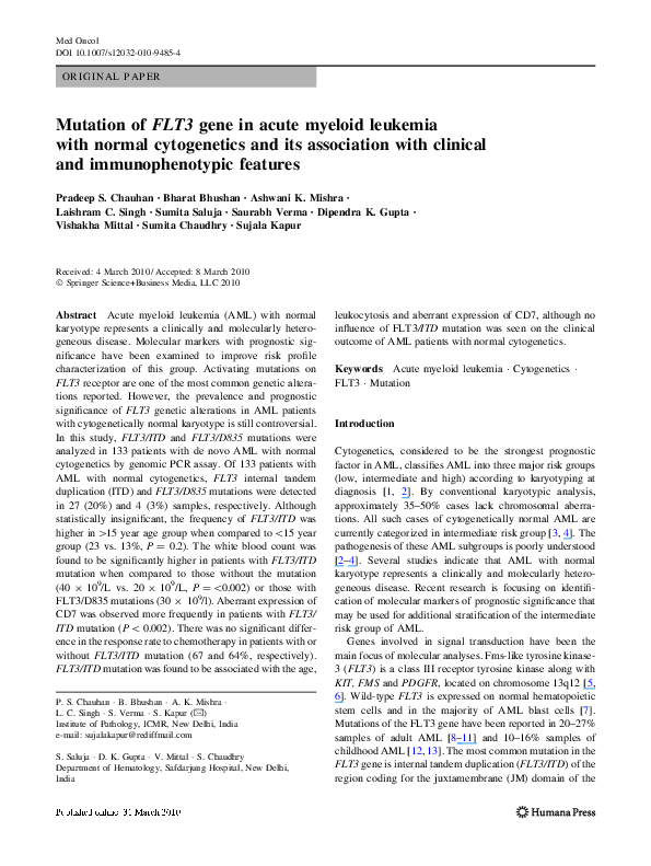 Pdf Mutation Of Flt3 Gene In Acute Myeloid Leukemia With Normal Pdf Mutation Of Flt3 Gene In Acute Myeloid Leukemia With Normal