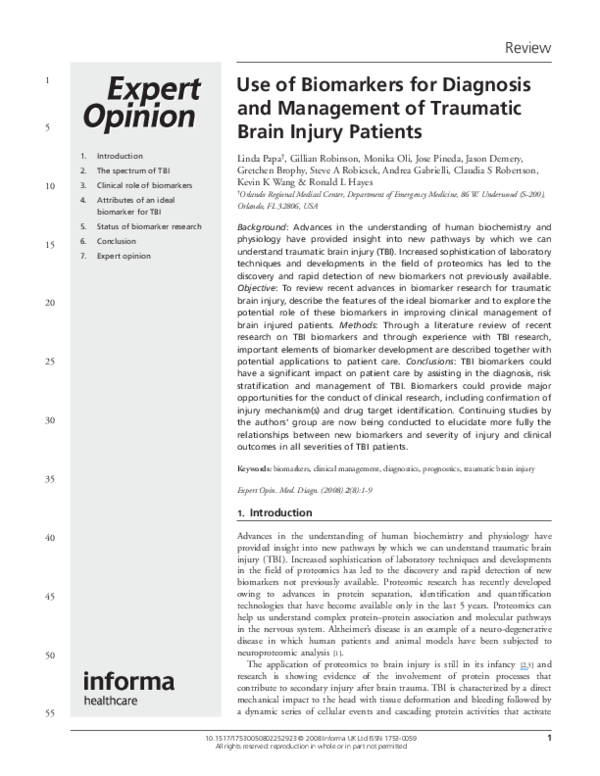(PDF) Use of biomarkers for diagnosis and management of traumatic brain ...