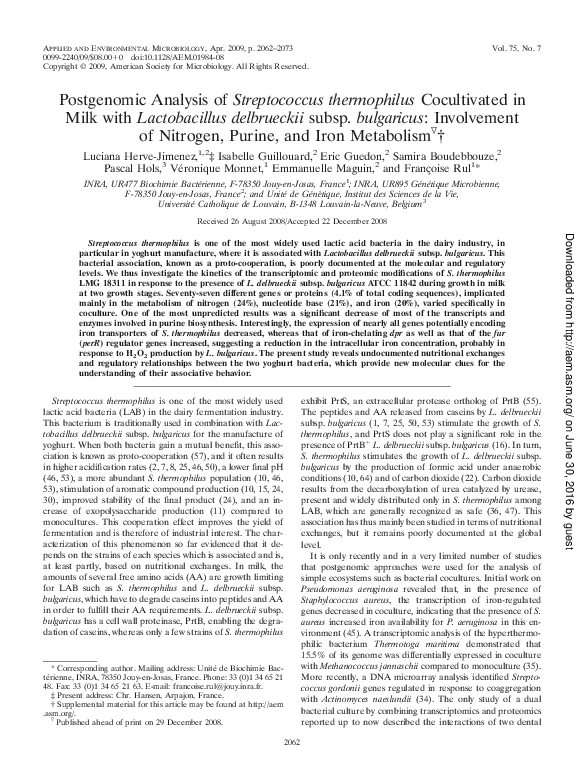 (PDF) Postgenomic Analysis of Streptococcus thermophilus Cocultivated ...