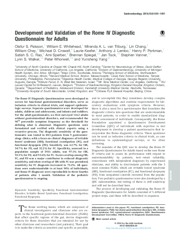 (PDF) Development and Validation of the Rome IV Diagnostic ...