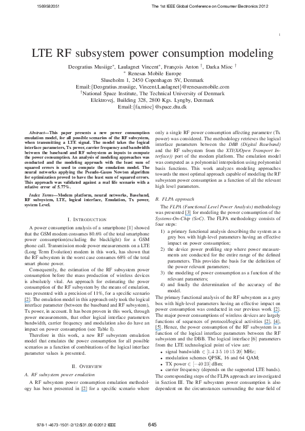 (PDF) LTE RF subsystem power consumption modeling Francois Anton