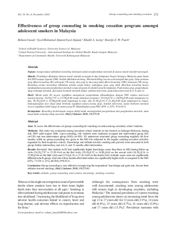 (PDF) Effectiveness of group counseling in smoking cessation program