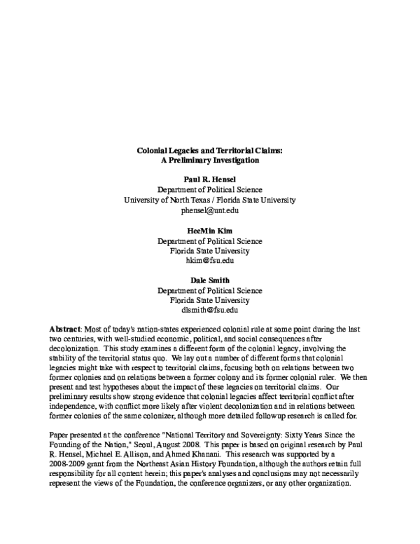 (PDF) Colonial Legacies and Territorial Claims: A Preliminary Investigation