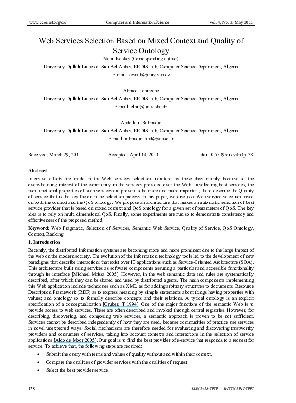 (PDF) Web Services Selection Based on Context Ontology and Quality of ...