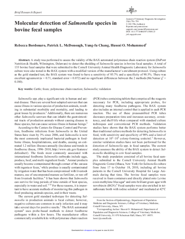 (PDF) Molecular detection of Salmonella species in bovine fecal samples