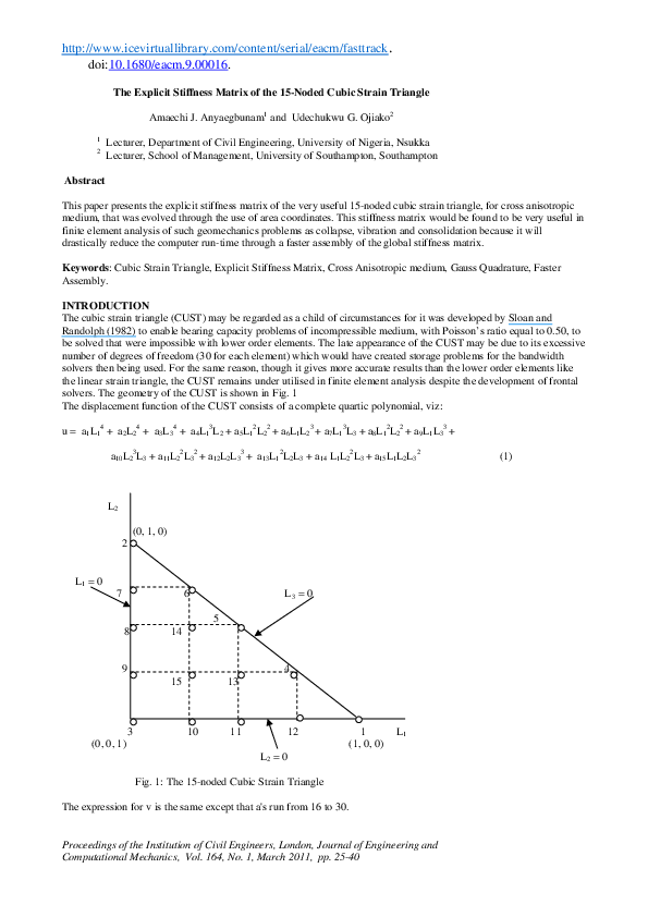 (PDF) The explicit stiffness matrix of the 15-noded cubic strain triangle