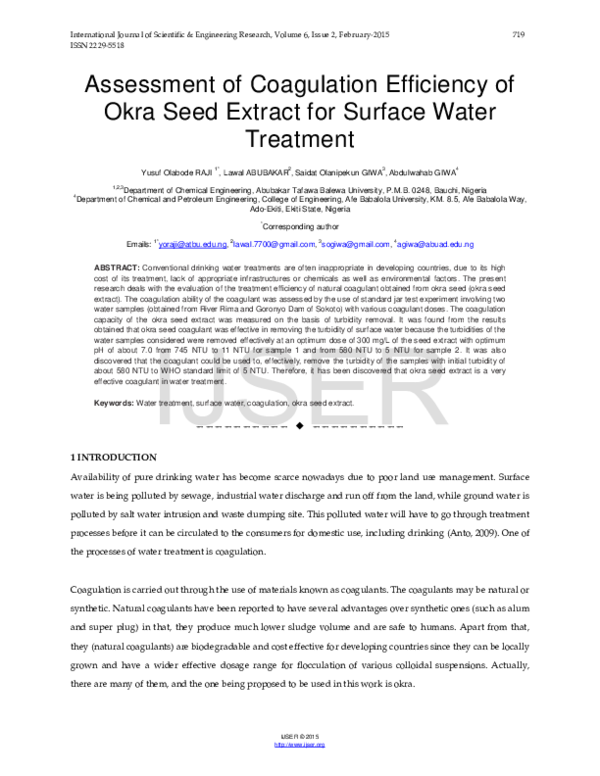 (PDF) Assessment of Coagulation Efficiency of Okra Seed Extract for