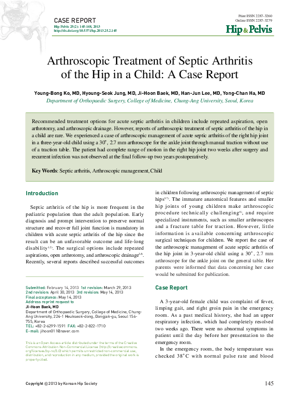 (PDF) Arthroscopic Treatment of Septic Arthritis of the Hip in a Child