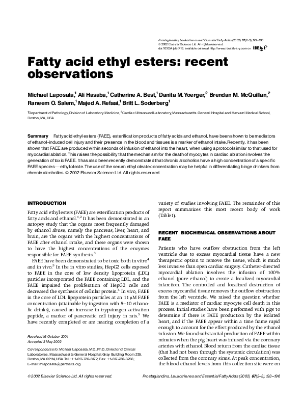 (PDF) Fatty acid ethyl esters recent observations Catherine Best