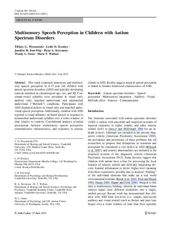 (PDF) Multisensory Speech Perception in Children with Autism Spectrum ...