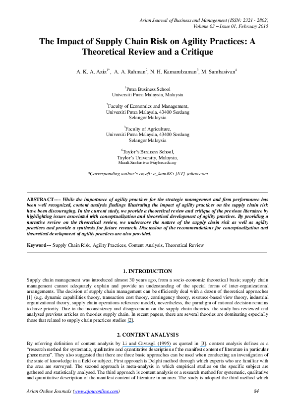 (PDF) The Impact of Supply Chain Risk on Agility Practices: A ...
