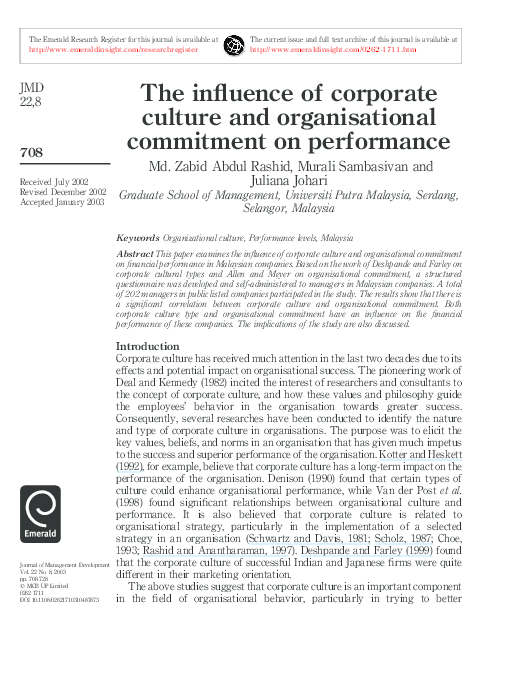 (PDF) The influence of corporate culture and organisational commitment ...