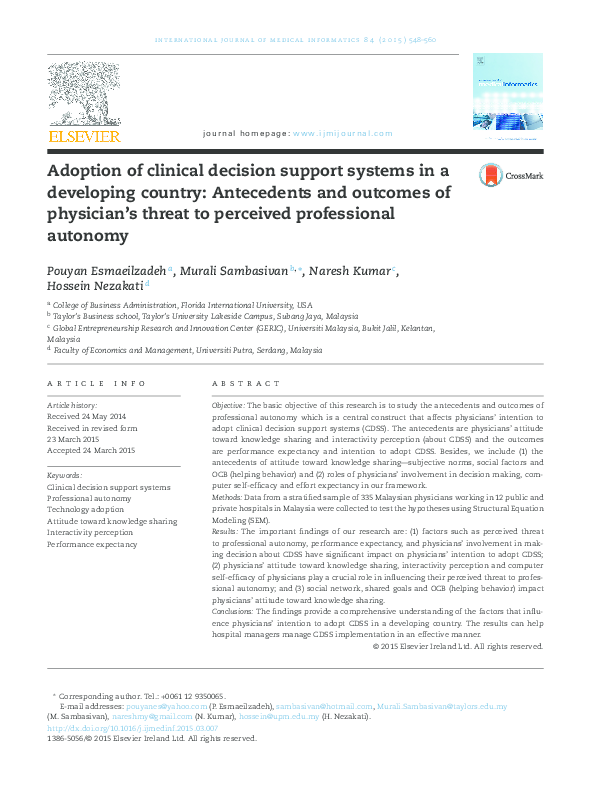 (PDF) Adoption of clinical decision support systems in a developing ...
