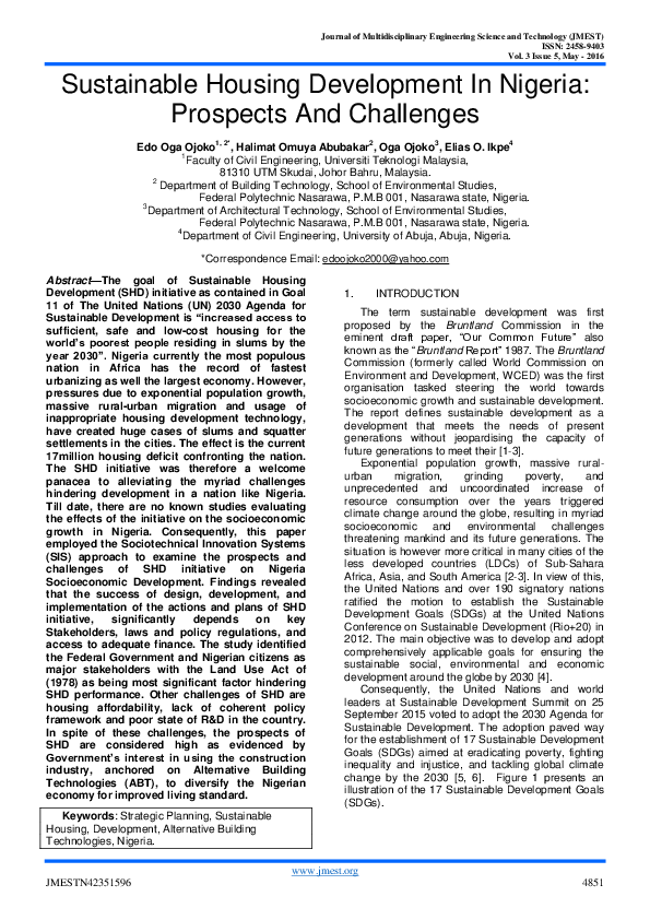 (PDF) Sustainable Housing Development In Nigeria Prospects And