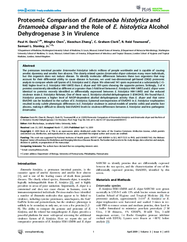 (PDF) Proteomic Comparison of Entamoeba histolytica and Entamoeba ...