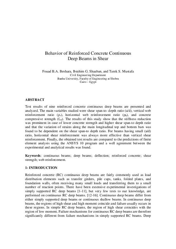 (PDF) Behavior of Reinforced Concrete Continuous Deep Beams in Shear