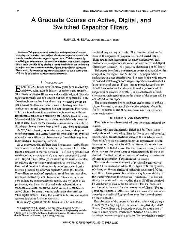 (PDF) A Graduate Course on Active, Digital, and Switched Capacitor Filters