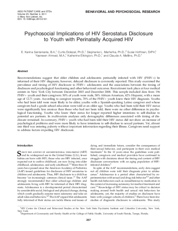 (PDF) Psychosocial Implications of HIV Serostatus Disclosure to Youth ...