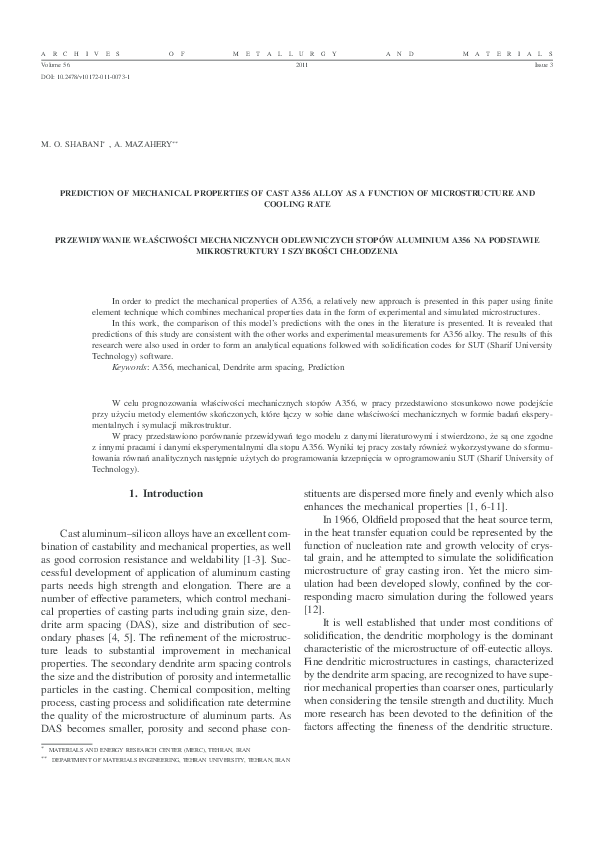 (PDF) Prediction of Mechanical Properties of Cast A356 Alloy as a ...