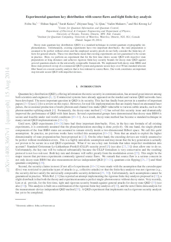 (PDF) Experimental quantum key distribution with source flaws