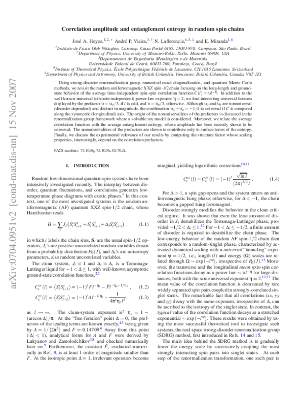 (PDF) Correlation amplitude and entanglement entropy in random spin chains
