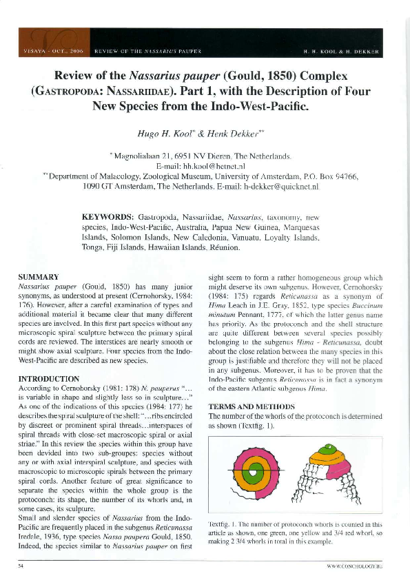 (PDF) Kool, H. H. & H. Dekker, , Review of the Nassarius pauper (Gould ...