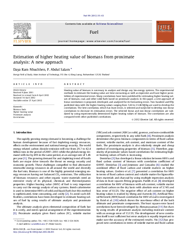 (PDF) Estimation of higher heating value of biomass from proximate ...