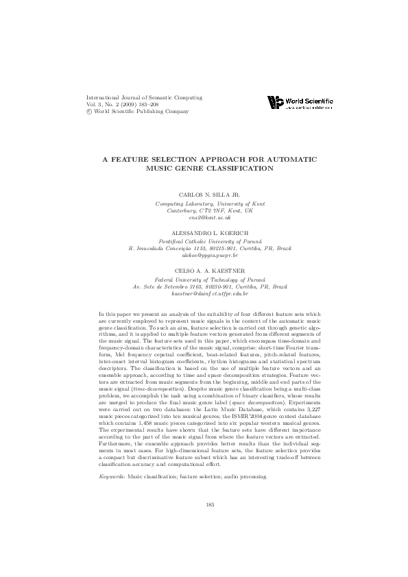(PDF) A FEATURE SELECTION APPROACH FOR AUTOMATIC MUSIC GENRE CLASSIFICATION
