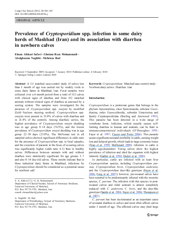 (PDF) Prevalence of Cryptosporidium spp. infection in some dairy
