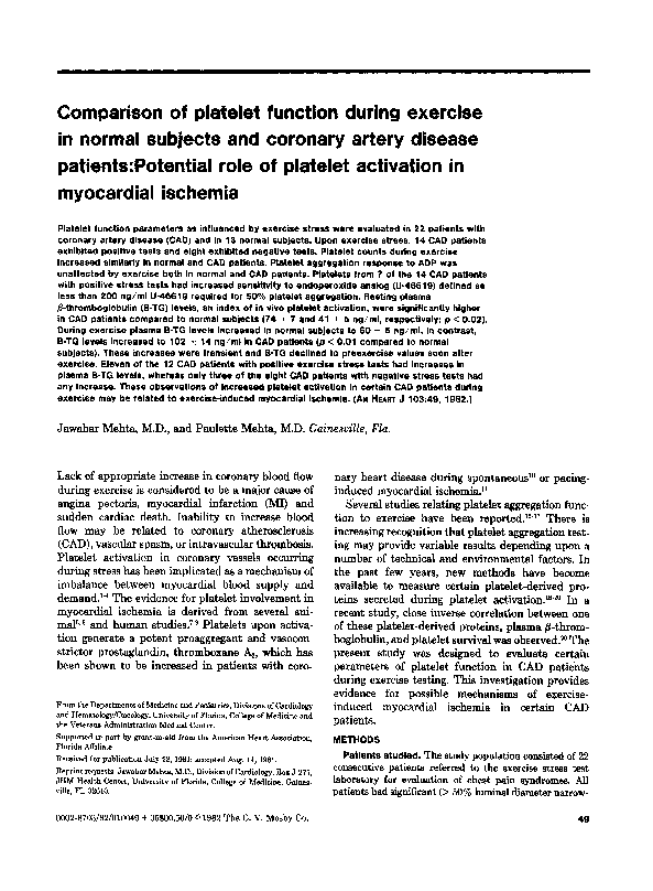 (PDF) Comparison of platelet function during exercise in normal ...