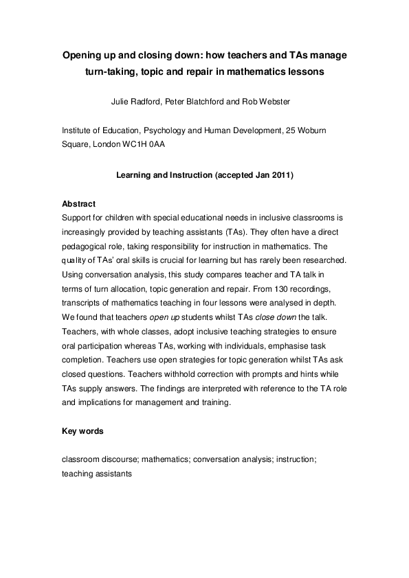 (PDF) Opening up and closing down: How teachers and TAs manage turn ...