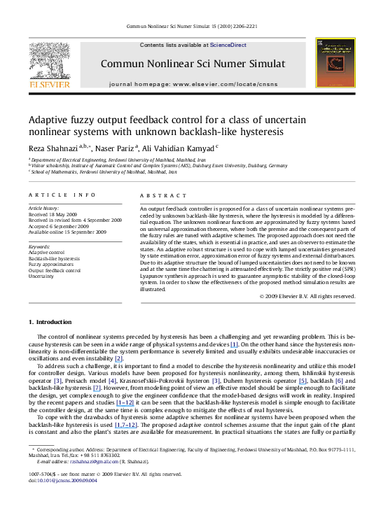(PDF) Adaptive fuzzy output feedback control for a class of uncertain ...
