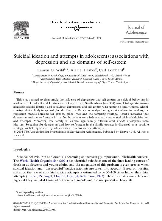 (PDF) Suicidal ideation and attempts in adolescents: associations with ...