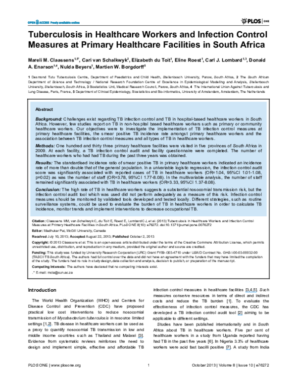 (PDF) Tuberculosis in Healthcare Workers and Infection Control Measures ...