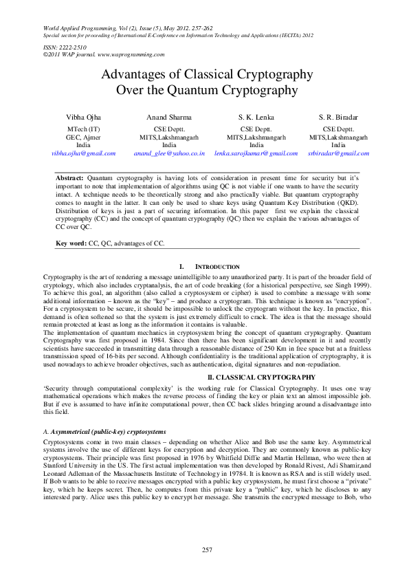 (PDF) Advantages of Classical Cryptography Over the Quantum Cryptography