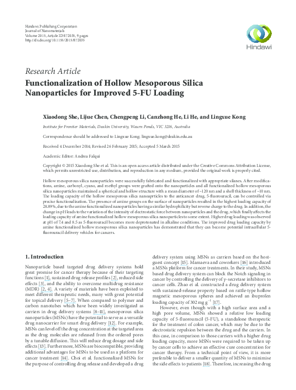 (PDF) Functionalization of Hollow Mesoporous Silica Nanoparticles for ...