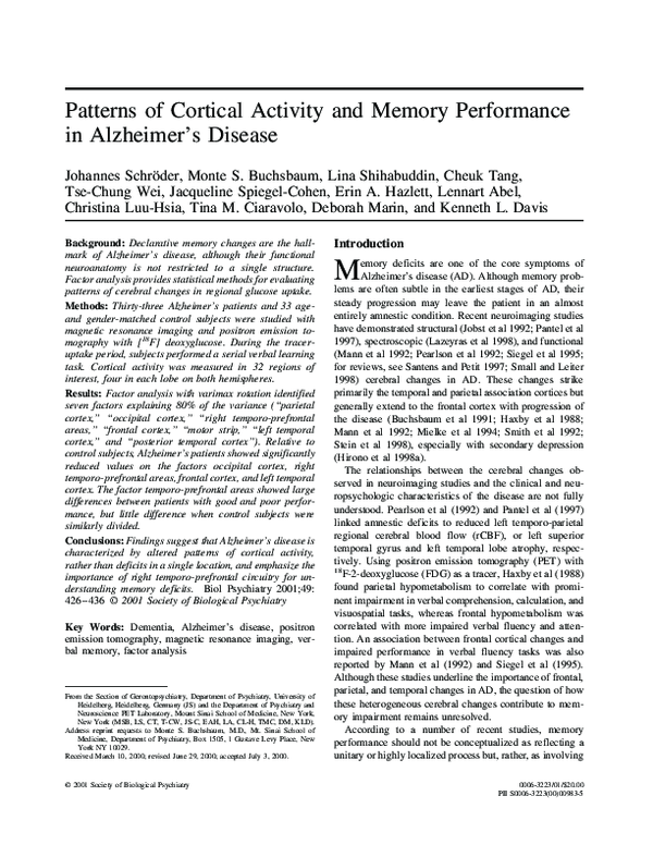 (PDF) Patterns of cortical activity and memory performance in Alzheimer ...