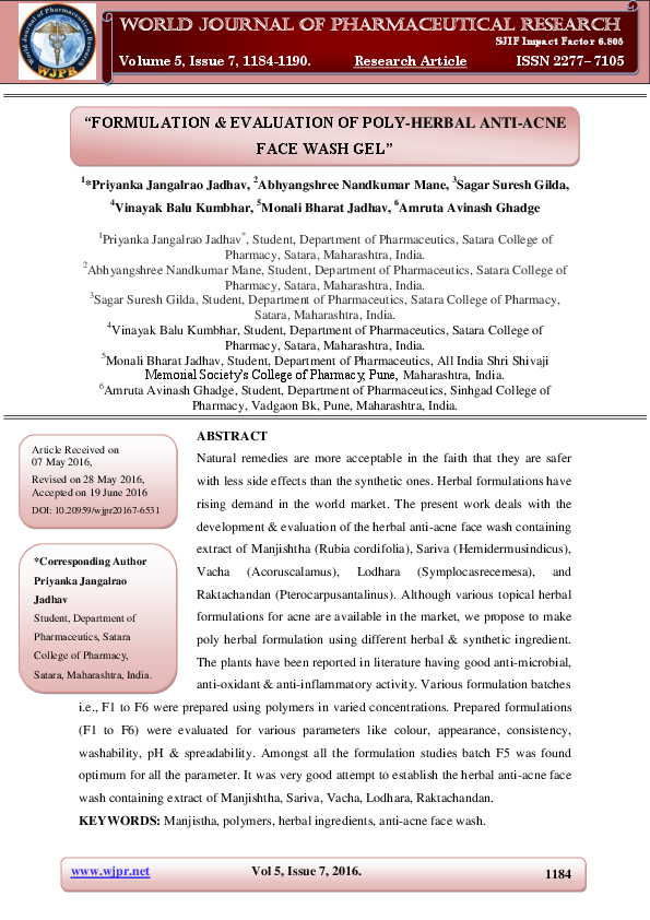 (PDF) " FORMULATION & EVALUATION OF POLYHERBAL ANTIACNE FACE WASH GEL