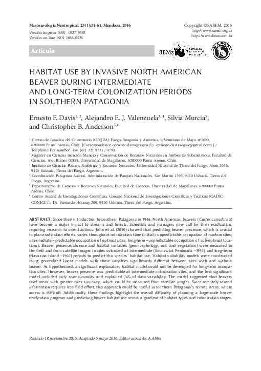 (PDF) Habitat use by invasive North American beaver during intermediate ...