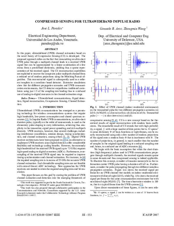 (PDF) Compressed Sensing for Ultrawideband Impulse Radio