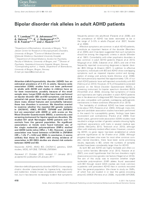 (PDF) Bipolar disorder risk alleles in adult ADHD patients