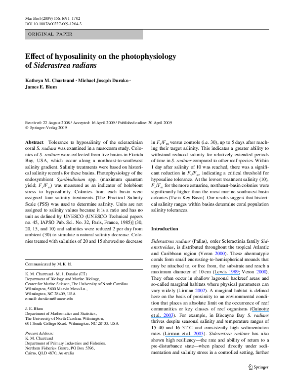 (PDF) Effect of hyposalinity on the photophysiology of Siderastrea radians