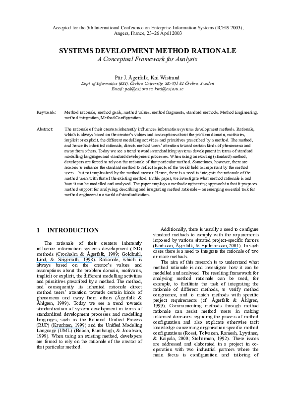 (PDF) Systems Development Method Rationale: A Conceptual Framework for ...