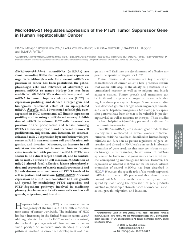 (PDF) MicroRNA21 Regulates Expression of the PTEN Tumor Suppressor Gene ...
