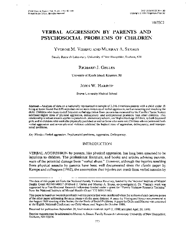 (PDF) Verbal aggression by parents and psychosocial problems of children