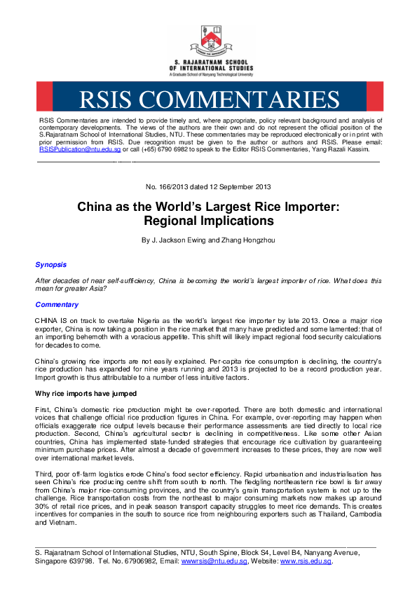 (PDF) China as the World's Largest Rice Importer: Regional Implications