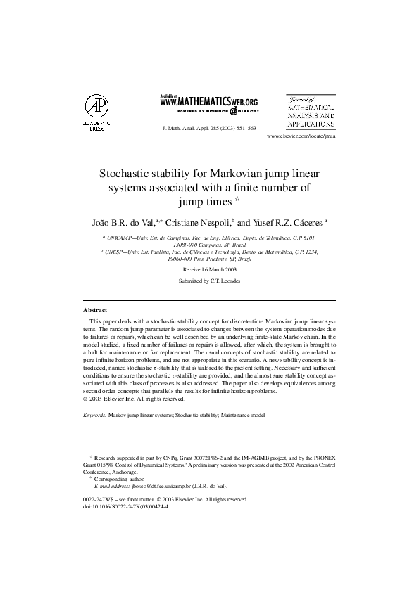 (PDF) Stochastic stability for Markovian jump linear systems associated ...