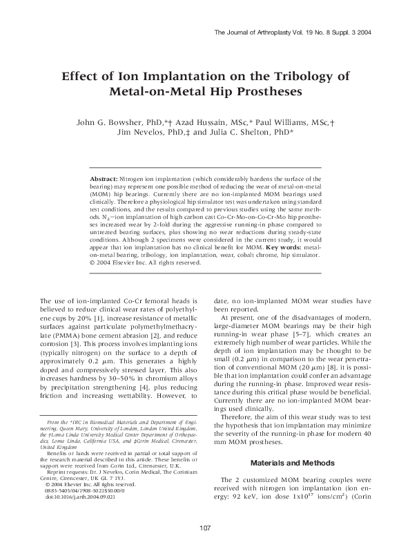 (PDF) Effect of ion implantation on the tribology of metal-on-metal hip ...